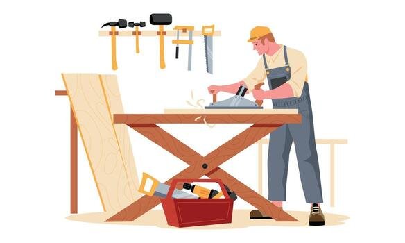 carpentry-workshop-cartoon-carpenter-character-sawing-wood-board-making-wooden-furniture-craftsman-timber-with-tools-woodworking-in-studio-illustration-vector